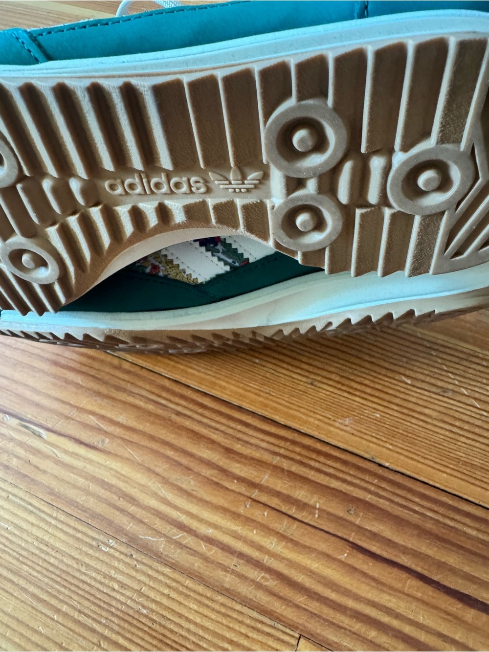 adidas Teal Green Suede Floral Panel Sneakers with White Stripes - Picture 6 of 8